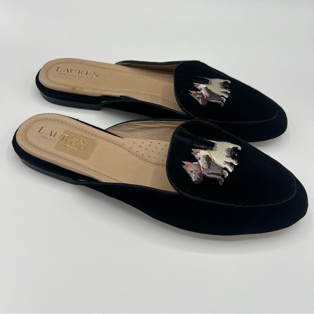 Ralph Lauren Black Velvet Loafers Scottish Terrier Dog Embroidery 10 New Mules - Picture 2 of 6
